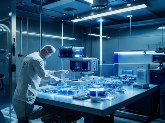 磁力多质量检测实验室内专业工程师使用精密仪器对钕铁硼磁铁进行磁力强度测试，蓝白色调专业环境
